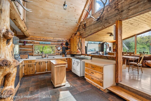 3714 Bear Ridge Rd, Basalt, CO 81621 - kitchen with white gas stove, wooden ceiling, lofted ceiling, a sink, and rustic walls