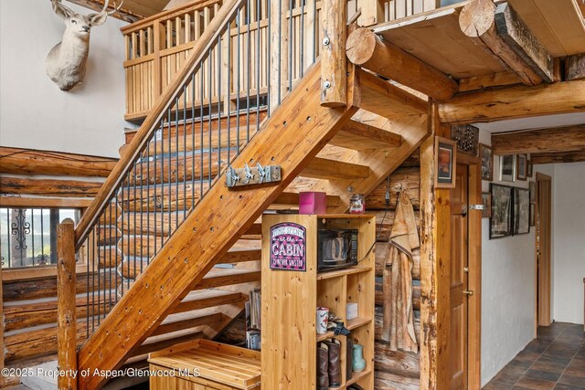 3714 Bear Ridge Rd, Basalt, CO 81621 - staircase featuring beam ceiling