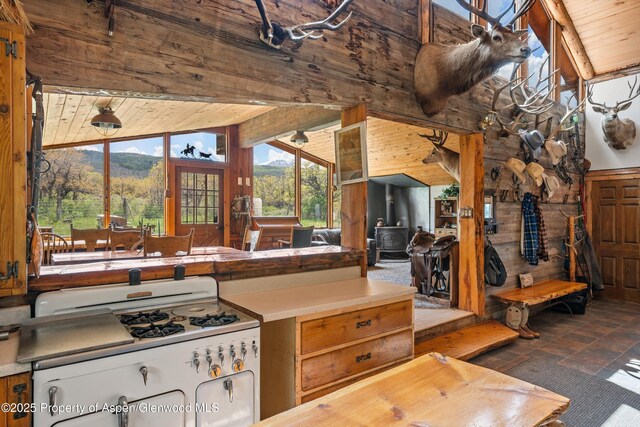 3714 Bear Ridge Rd, Basalt, CO 81621 - kitchen featuring white gas range, wood walls, wooden ceiling, a wood stove, and stone finish flooring