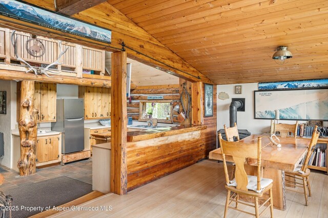 3714 Bear Ridge Rd, Basalt, CO 81621 - dining space with lofted ceiling, wood ceiling, and wood finished floors