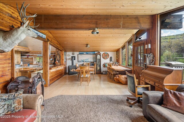 3714 Bear Ridge Rd, Basalt, CO 81621 - sunroom with a wood stove, vaulted ceiling, and french doors