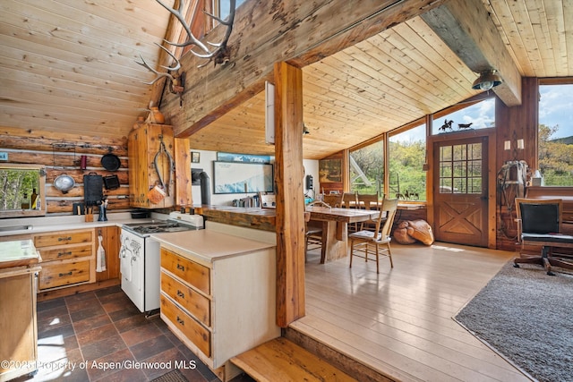 3714 Bear Ridge Rd, Basalt, CO 81621 - kitchen featuring white gas range, wooden ceiling, light countertops, and a sink
