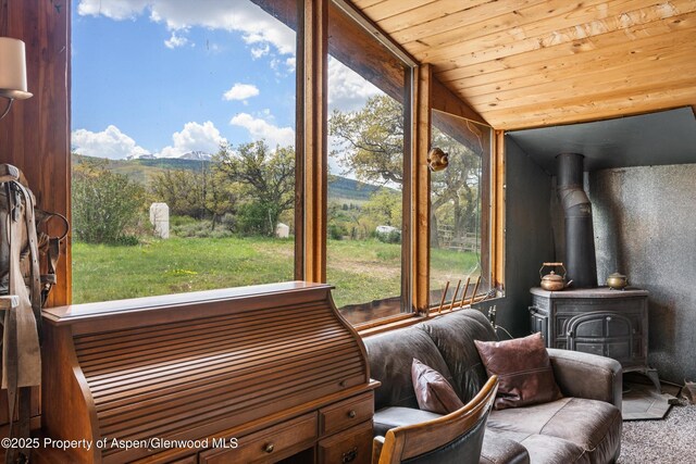 3714 Bear Ridge Rd, Basalt, CO 81621 - sunroom featuring a wood stove and lofted ceiling
