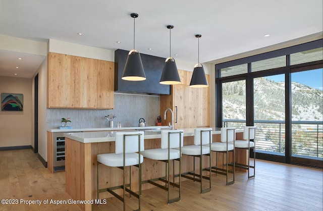 kitchen featuring a mountain view, a kitchen island with sink, decorative light fixtures, and tasteful backsplash