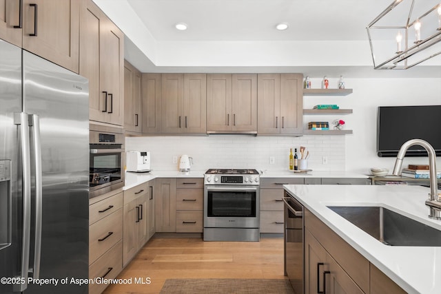 kitchen with appliances with stainless steel finishes, light wood-type flooring, backsplash, sink, and hanging light fixtures