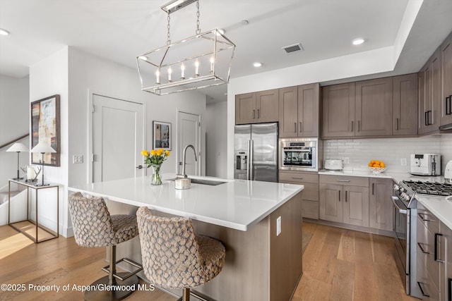 kitchen with a breakfast bar, a kitchen island with sink, sink, tasteful backsplash, and stainless steel appliances