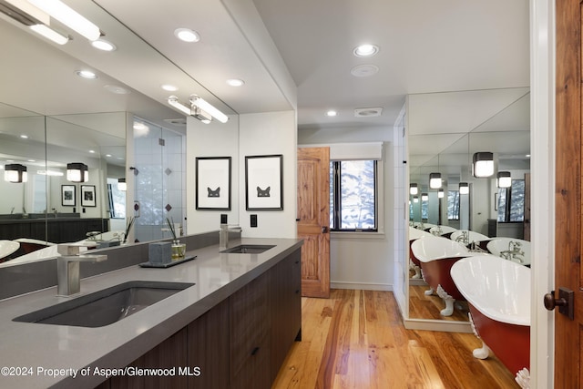 bathroom featuring hardwood / wood-style flooring, vanity, and plus walk in shower