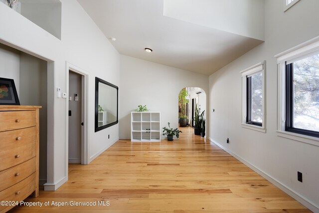 hall with light hardwood / wood-style floors and high vaulted ceiling