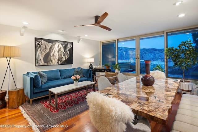 living area featuring wood finished floors, a mountain view, and recessed lighting