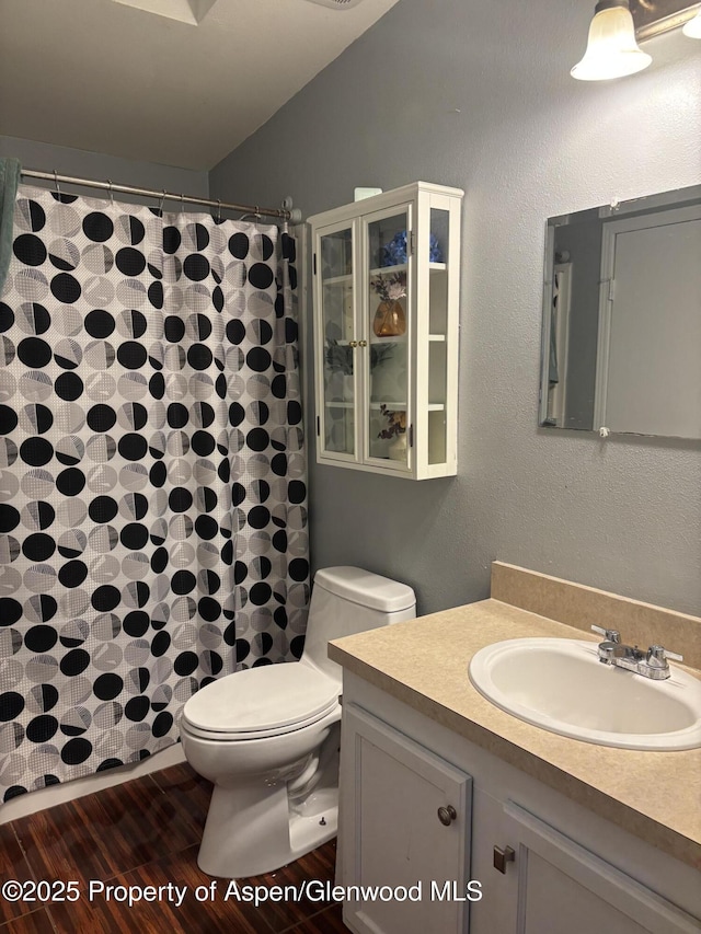 5033 County Road 335 Unit 112, New Castle, CO 81647 - bathroom with toilet, vanity, curtained shower, and wood finished floors