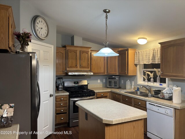 5033 County Road 335 Unit 112, New Castle, CO 81647 - kitchen with a sink, appliances with stainless steel finishes, under cabinet range hood, and light countertops