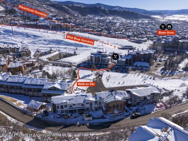 snowy aerial view featuring a mountain view