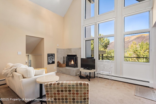 800 S Mill St Unit 301C, Aspen, CO 81611 - carpeted living room with high vaulted ceiling, a baseboard heating unit, and a fireplace