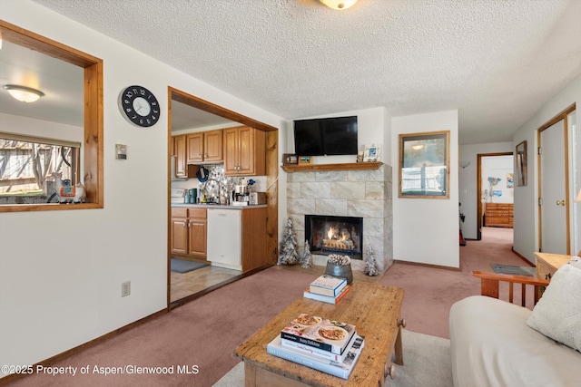 534/536 Spruce St, Aspen, CO 81611 - living area featuring light carpet, a tile fireplace, and a textured ceiling