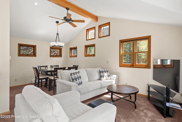 534/536 Spruce St, Aspen, CO 81611 - carpeted living room featuring beam ceiling, ceiling fan, a chandelier, and high vaulted ceiling