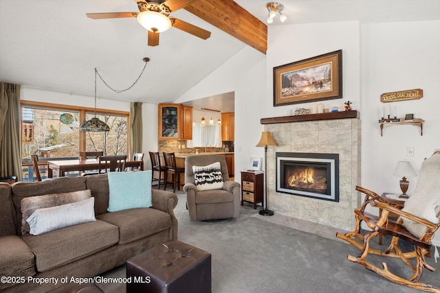 534/536 Spruce St, Aspen, CO 81611 - living area with carpet, ceiling fan, and a fireplace