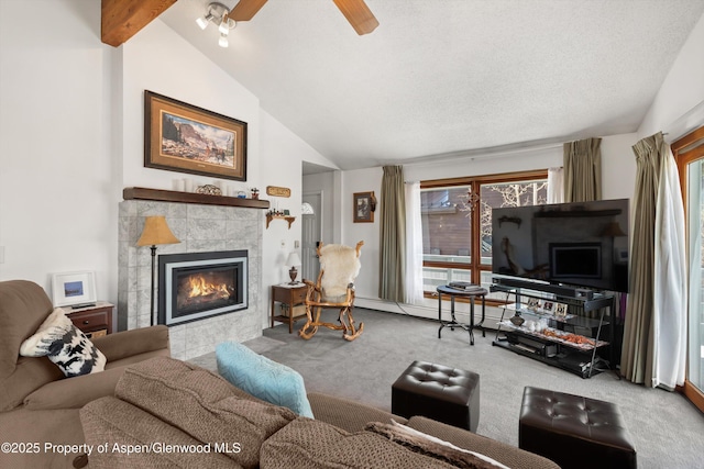 534/536 Spruce St, Aspen, CO 81611 - carpeted living room with a fireplace, vaulted ceiling, ceiling fan, and a baseboard heating unit