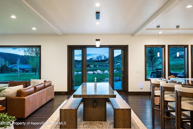 103 Ranch Ln, Glenwood Springs, CO 81601 - dining room featuring dark wood-style floors, baseboards, beam ceiling, and recessed lighting