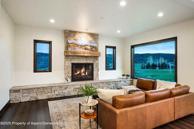 103 Ranch Ln, Glenwood Springs, CO 81601 - living area featuring wood finished floors, a fireplace, and recessed lighting