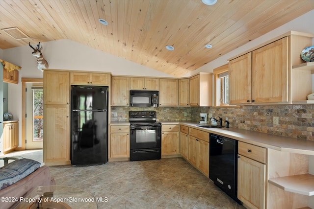 kitchen featuring black appliances, wooden ceiling, backsplash, and light brown cabinetry