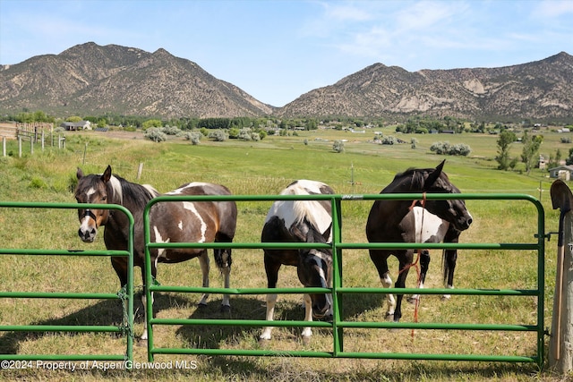 view of horse barn featuring a mountain view and a rural view