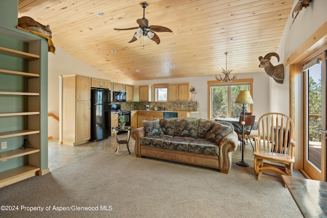 living room with a healthy amount of sunlight, wooden ceiling, ceiling fan with notable chandelier, and light carpet