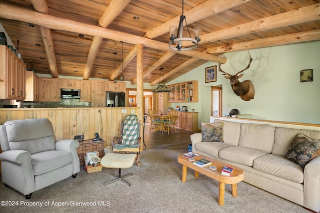 living room with lofted ceiling with beams and wood ceiling