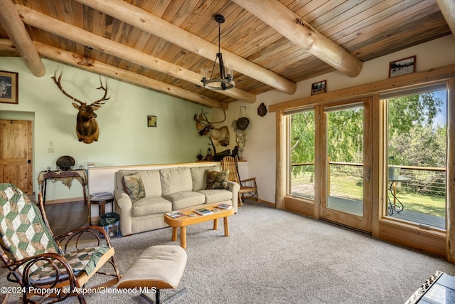 living room with carpet flooring, lofted ceiling with beams, and wooden ceiling