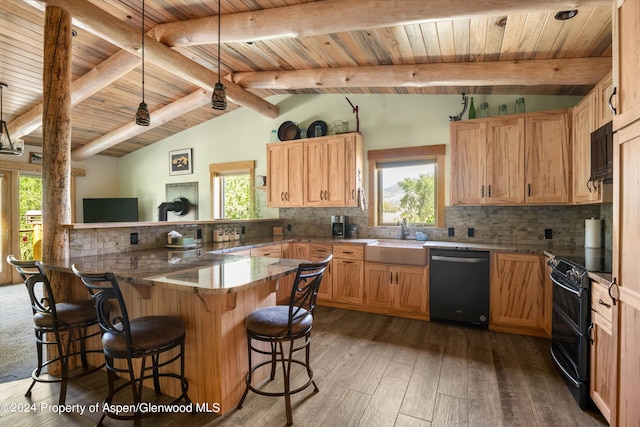 kitchen with sink, dark hardwood / wood-style flooring, backsplash, kitchen peninsula, and black appliances