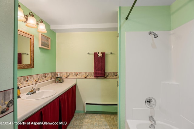 bathroom with vanity, shower / bath combination, and a baseboard radiator