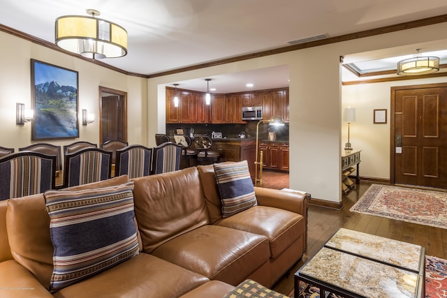 interior space with crown molding and dark wood-type flooring