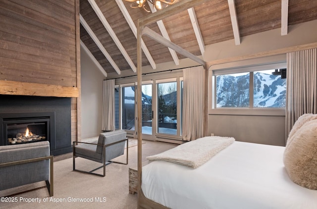 carpeted bedroom featuring access to exterior, beamed ceiling, wood ceiling, high vaulted ceiling, and a chandelier