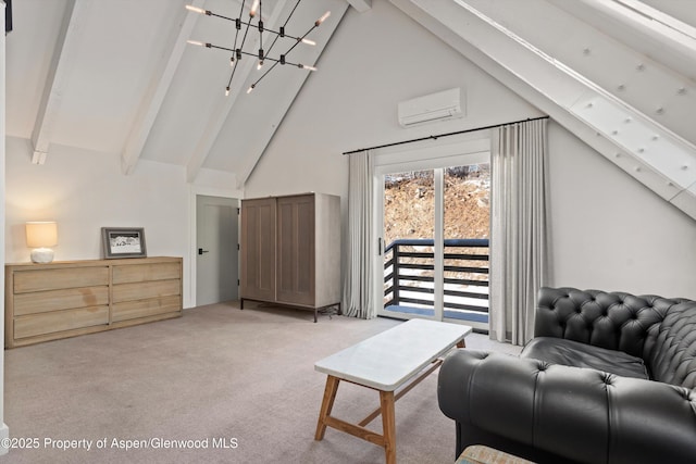 sitting room with a wall unit AC, light colored carpet, high vaulted ceiling, a chandelier, and beamed ceiling