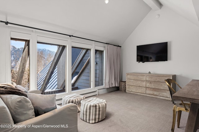 living room featuring a mountain view, a baseboard radiator, lofted ceiling with beams, and carpet flooring