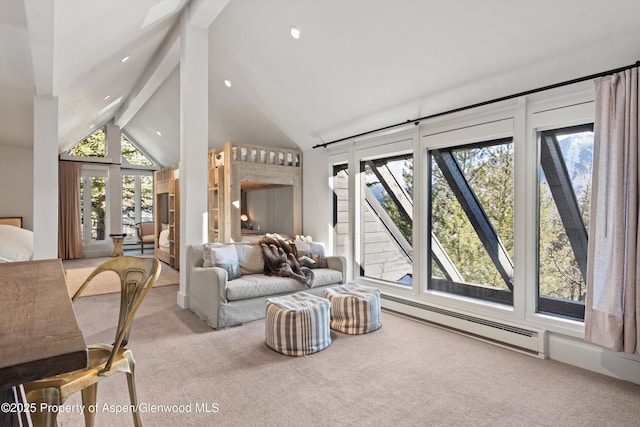 living room with light carpet, beam ceiling, a baseboard heating unit, and high vaulted ceiling