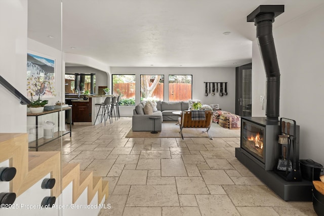 373 Sopris Creek Rd Unit 6, Basalt, CO 81621 - living area featuring a wood stove and stone tile flooring