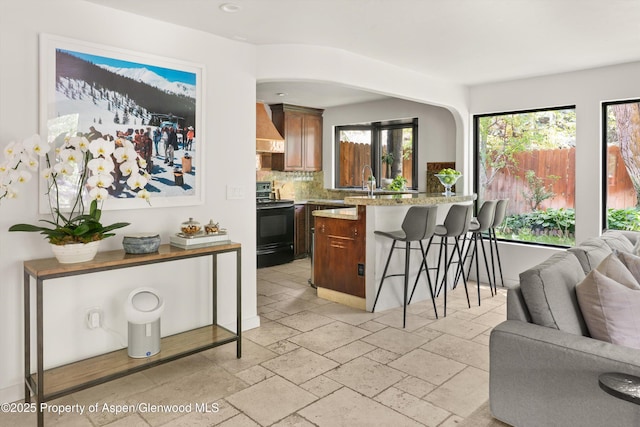 373 Sopris Creek Rd Unit 6, Basalt, CO 81621 - kitchen featuring electric range, open floor plan, a kitchen bar, a peninsula, and premium range hood
