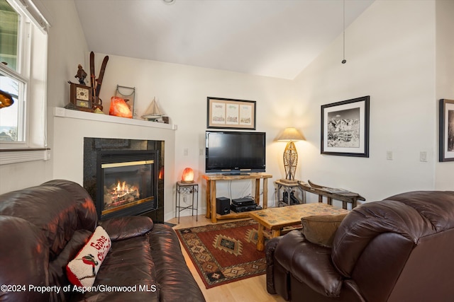 living room featuring lofted ceiling and hardwood / wood-style flooring