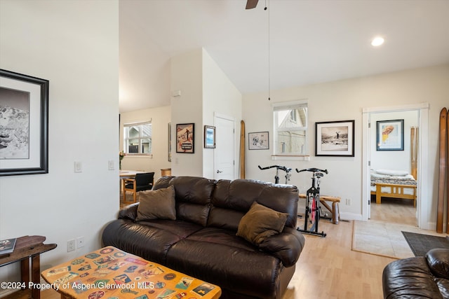 living room with ceiling fan and light hardwood / wood-style flooring