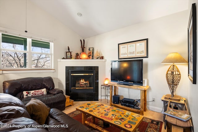 living room with a fireplace, hardwood / wood-style floors, and vaulted ceiling