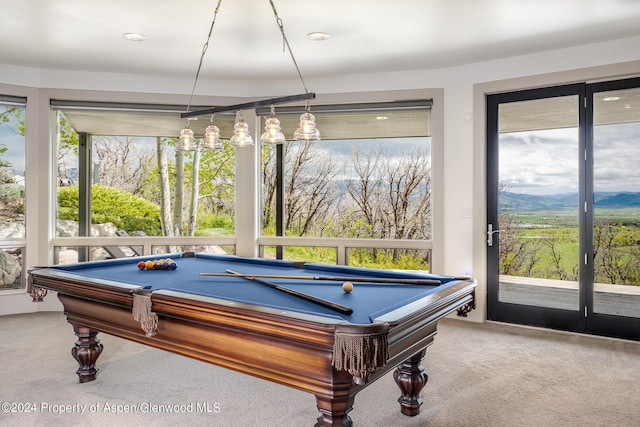 rec room with carpet flooring, plenty of natural light, and billiards