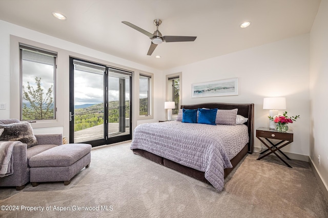 carpeted bedroom featuring baseboards, recessed lighting, a ceiling fan, and access to exterior