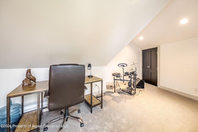 office featuring lofted ceiling, carpet, baseboards, and recessed lighting