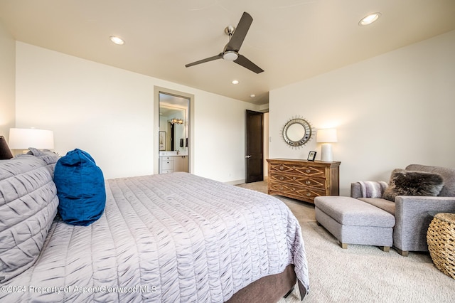 bedroom with recessed lighting, a ceiling fan, and light colored carpet