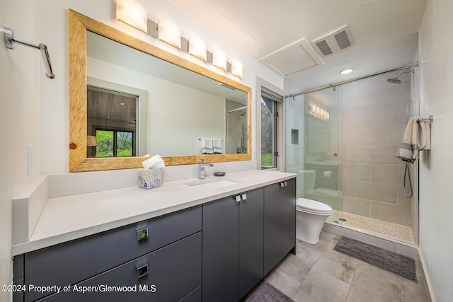 full bathroom with visible vents, toilet, a shower stall, and vanity