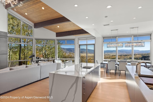 kitchen with beam ceiling, visible vents, light wood-style floors, a sink, and modern cabinets