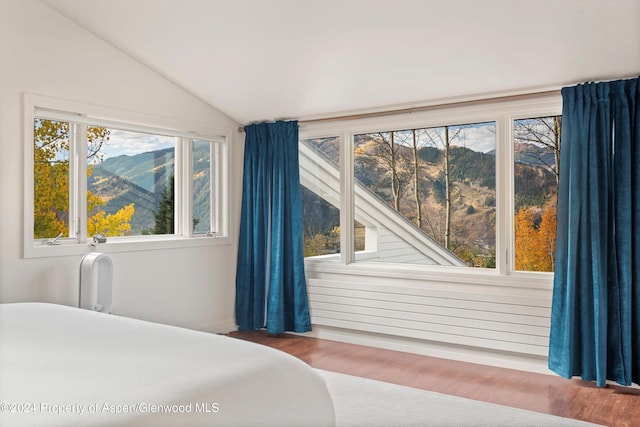 bedroom with hardwood / wood-style flooring and lofted ceiling