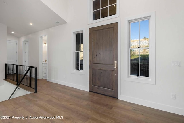 entrance foyer featuring hardwood / wood-style floors and lofted ceiling