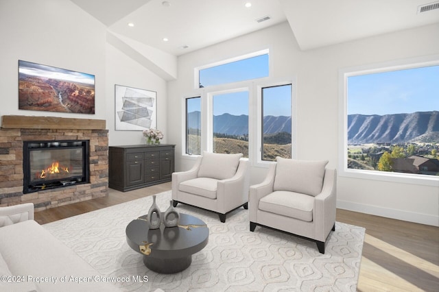 living room featuring a mountain view, a fireplace, a healthy amount of sunlight, and light hardwood / wood-style flooring