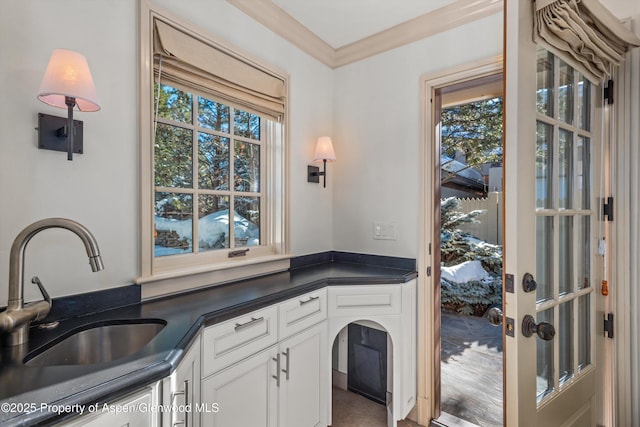 interior space featuring white cabinets, crown molding, a healthy amount of sunlight, and sink